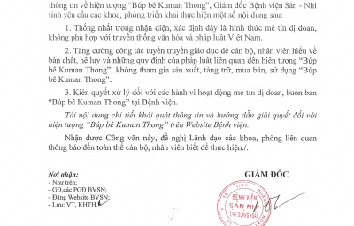 Thông báo số 268/BVSN-KHTH V/v xử lý đối với các hành vi hhoatj động mê tín dị đoan tại Bệnh viện